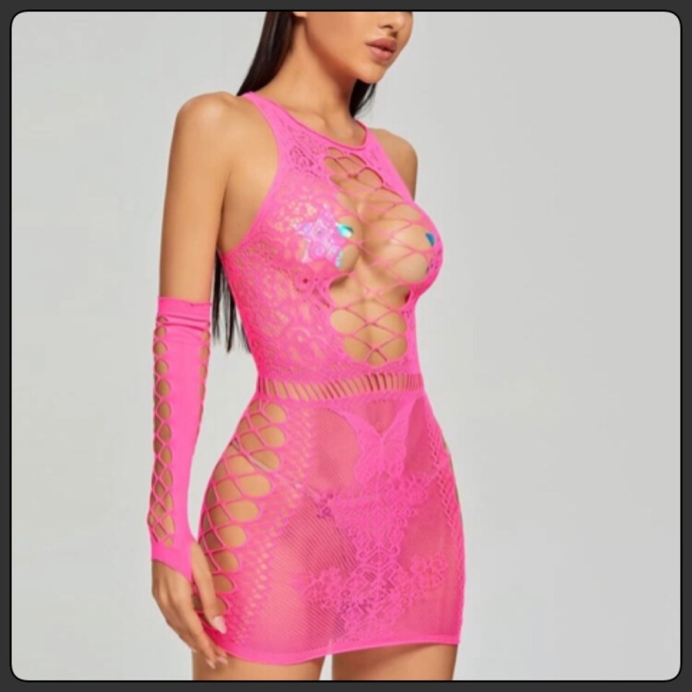 Hot Pink Mesh Cut Out Lingerie Set